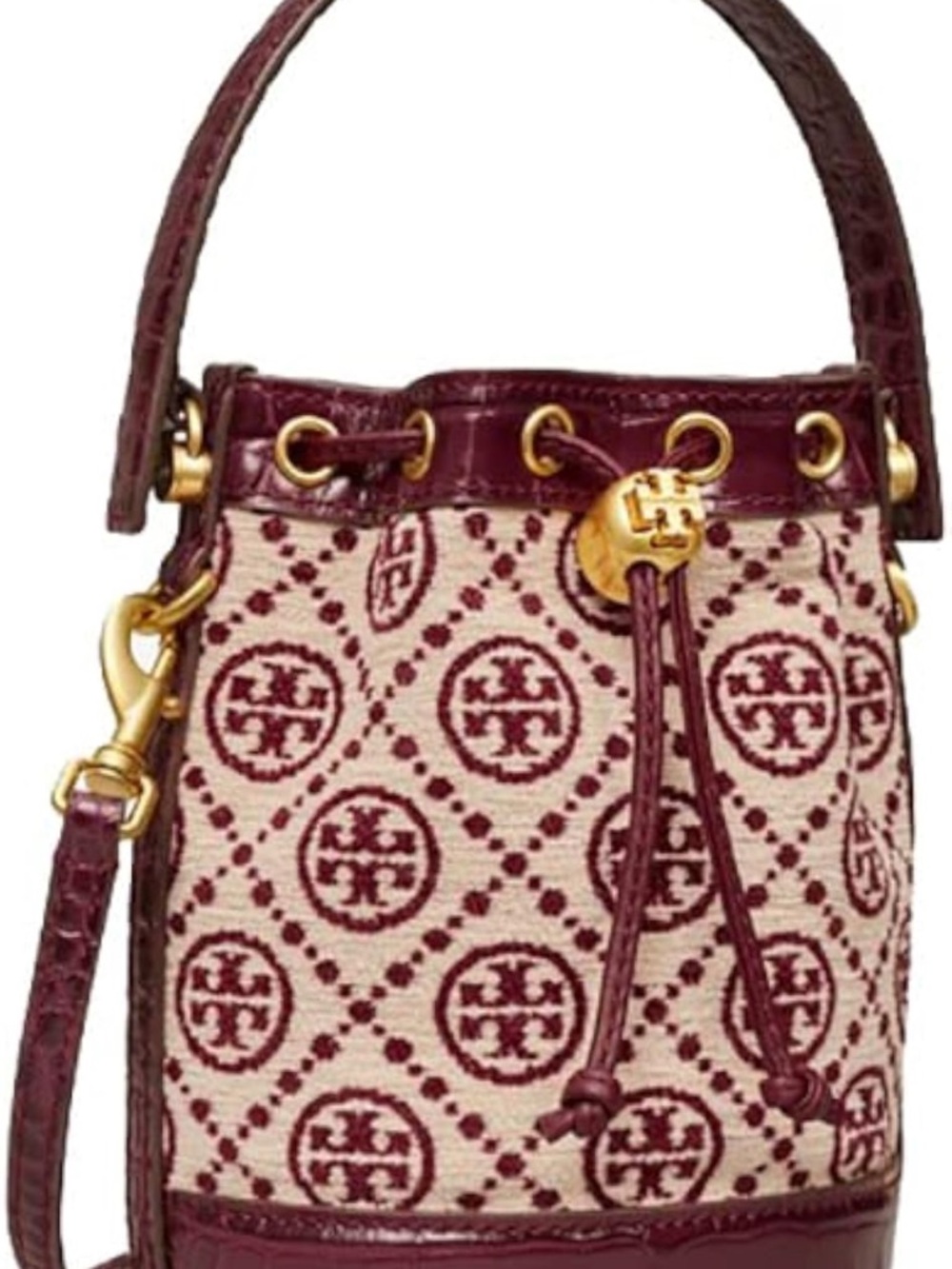 Tory Burch Burgundy and Cream Monogram Mini Bucket Bag